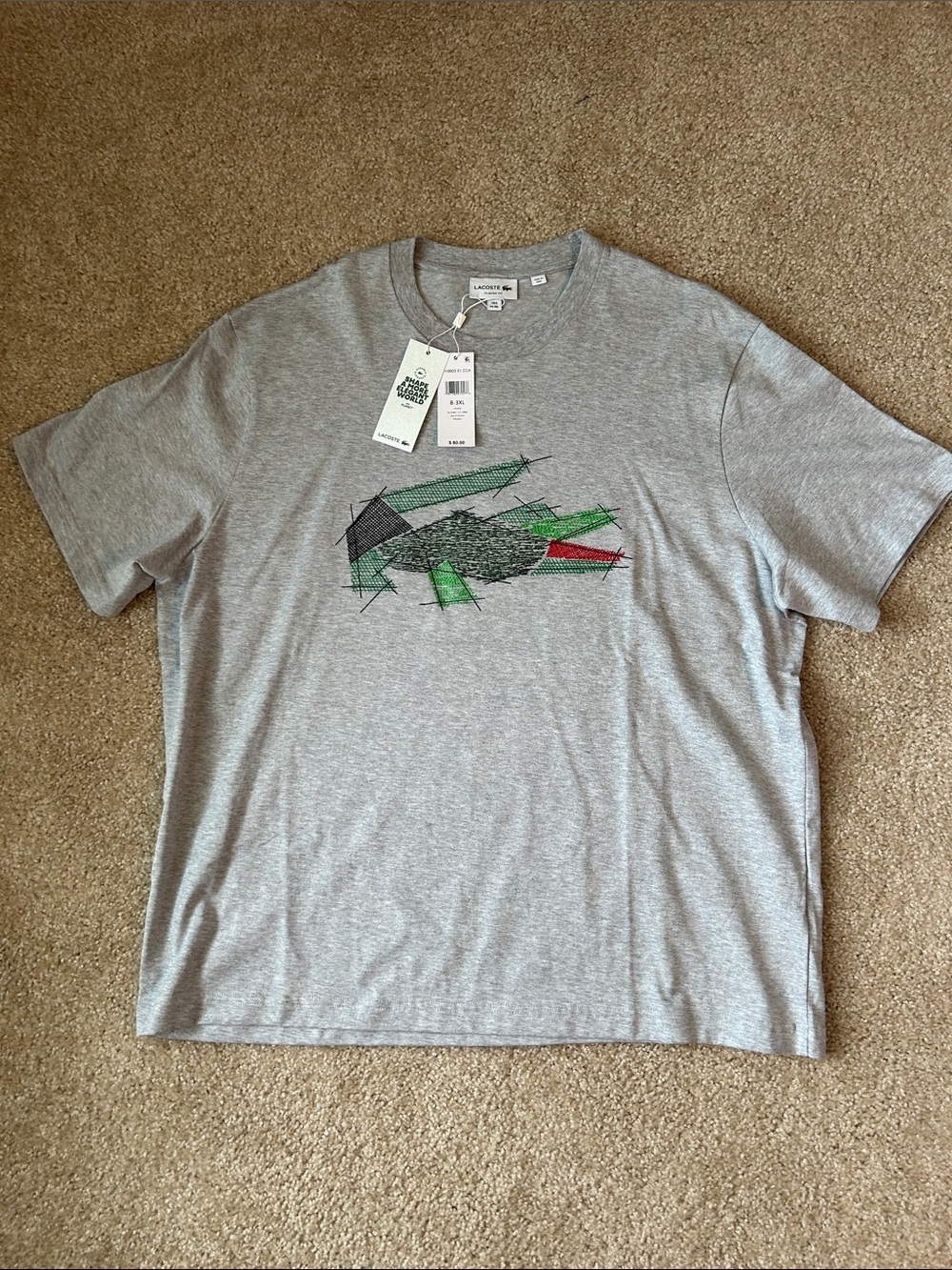 NWT Lacoste Light Gray Crewneck Tee with embroidered alligator graphic